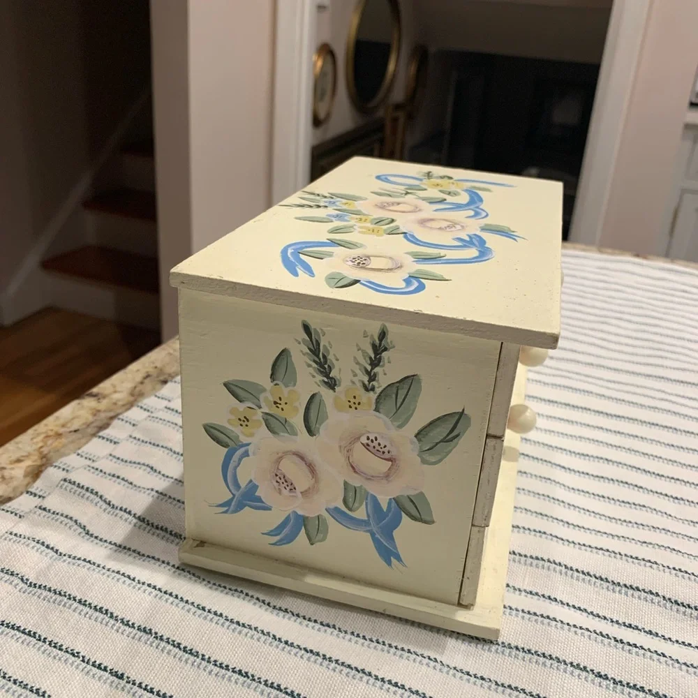 Vintage Hand Painted Jewelry Box Cottage Core 3 Drawer Wood Floral Design